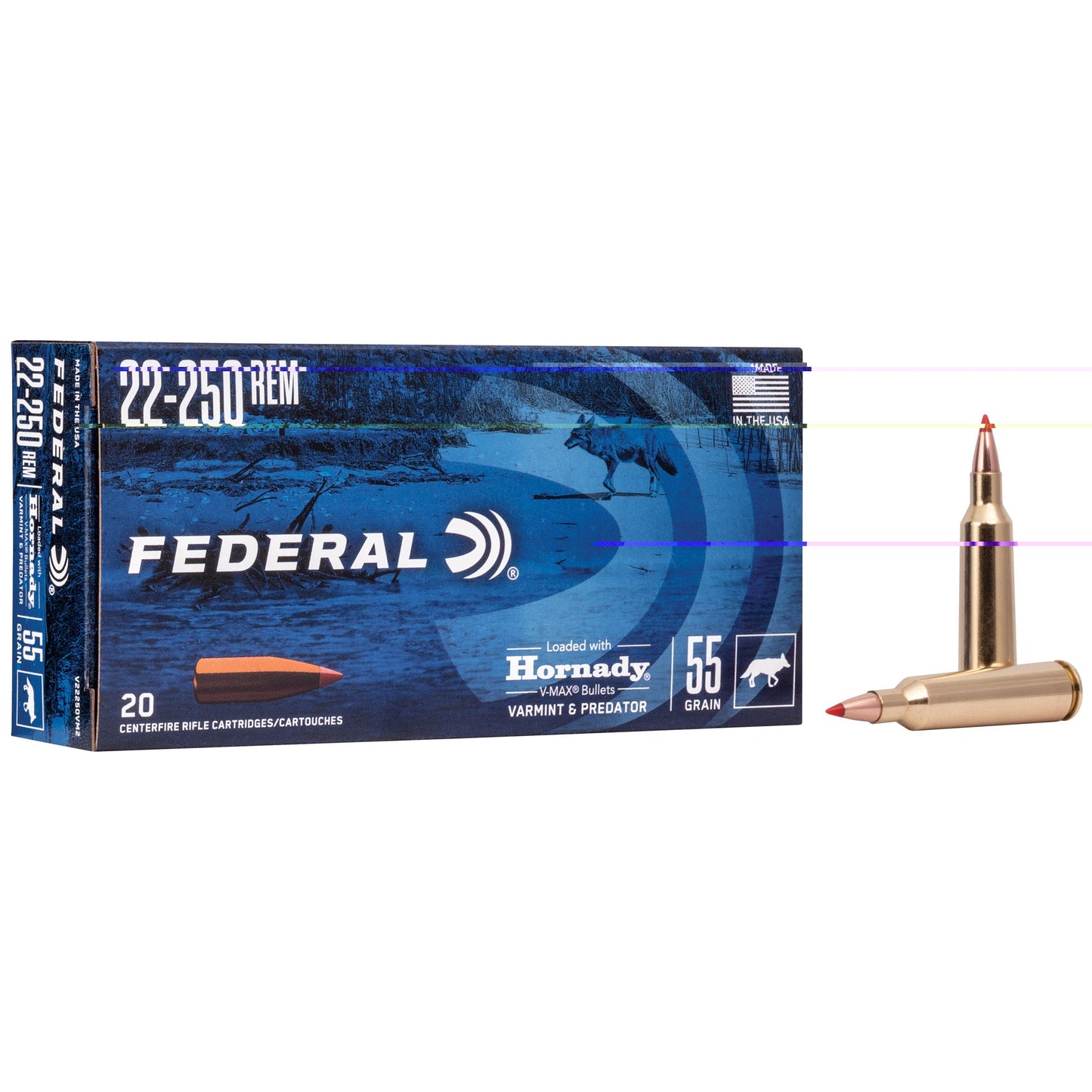 Fed V&p 22-250rem 55gr V-max 20/200